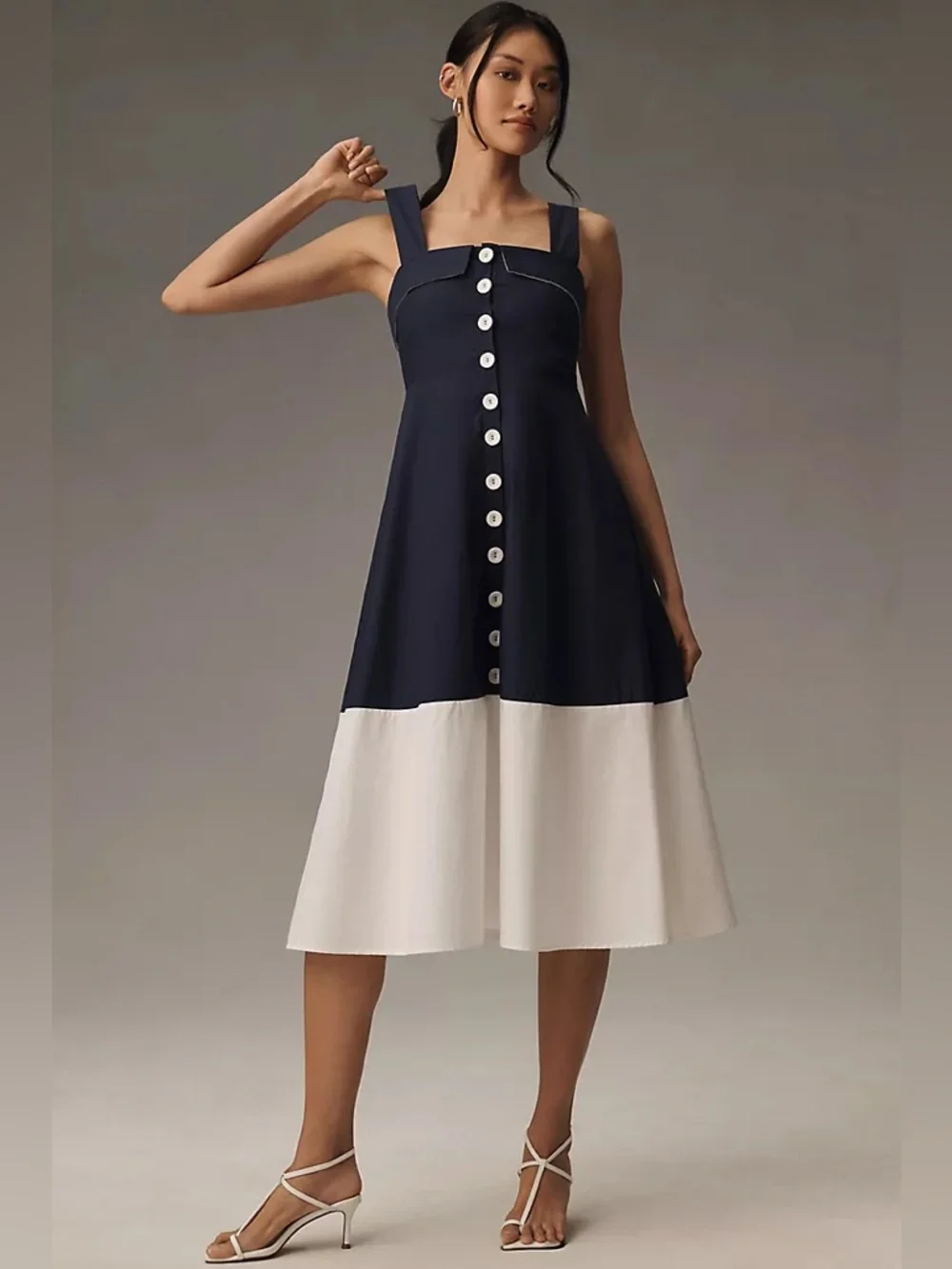 NEW English Factory Navy and White Button Down 70's Vibes Chic Preppy A Line M - Picture 3 of 12